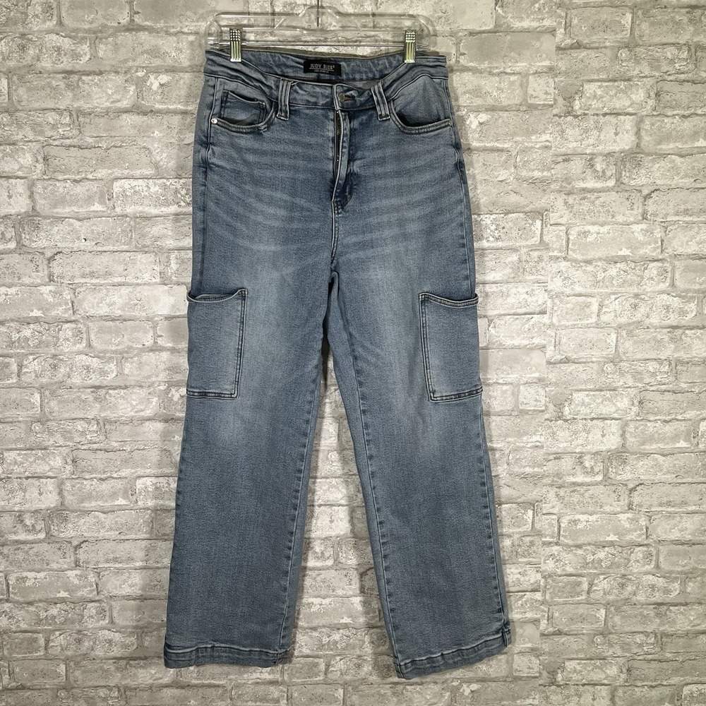 Judy Blue Womens Wide Leg Cargo Jeans Light Wash Denim Size 13/31 High Waist